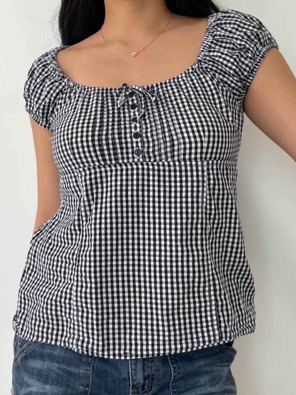 H&M Black & White Gingham Puff-Sleeve Peasant Blouse